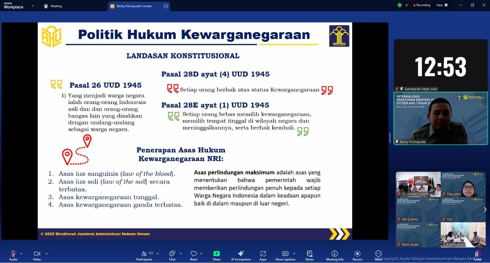 Kanwil Kemenkum Babel Ikuti Sosialisasi 15 Permenkum Baru terkait Tugas dan Fungsi Ditjen AHU Tahun 2025