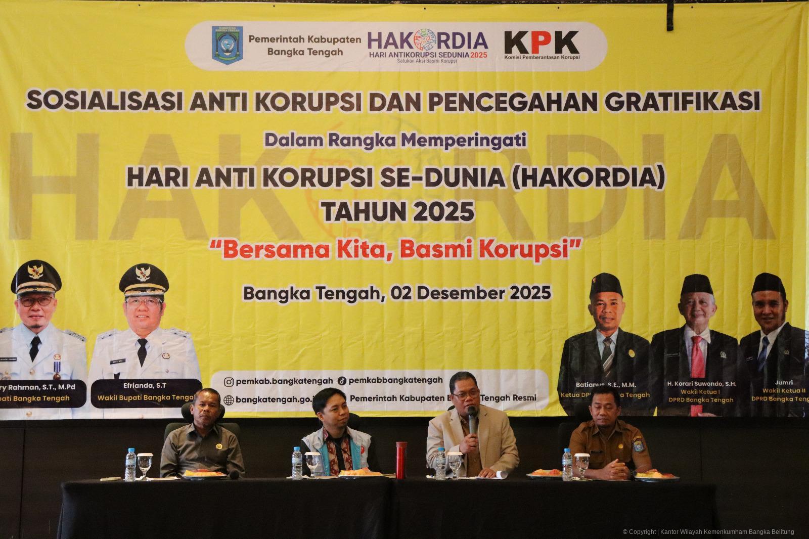 Kanwil Kemenkum Babel bersama Penyuluh dorong Bangka Tengah menyatukan Aksi Basmi Korupsi, melalui Sosialisasi Anti Korupsi dan Pengendalian Gratifikasi